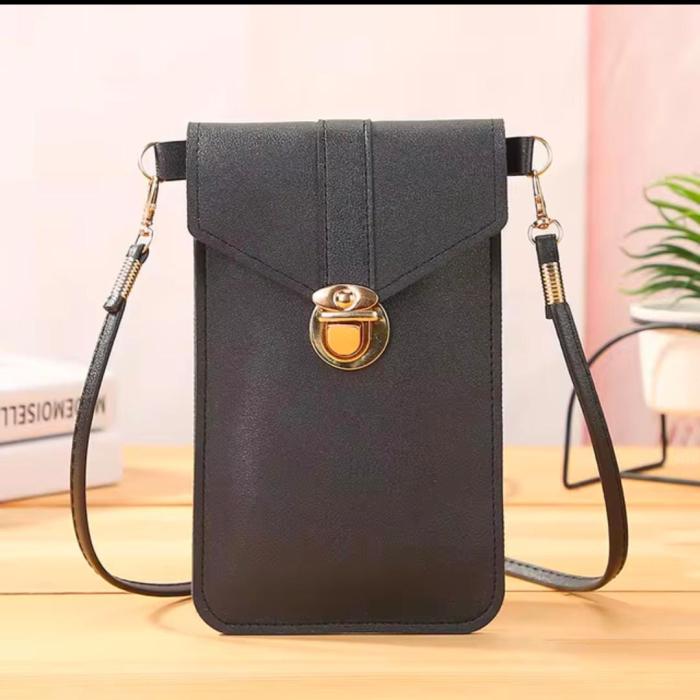 PU Leather Phone Holder With Neck Strap Wallets Touch Screen Bags(black)